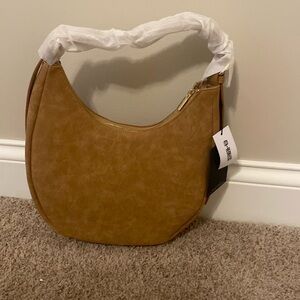 4th Reckless faux suede shoulder bag; adjustable shoulder strap; zip top;